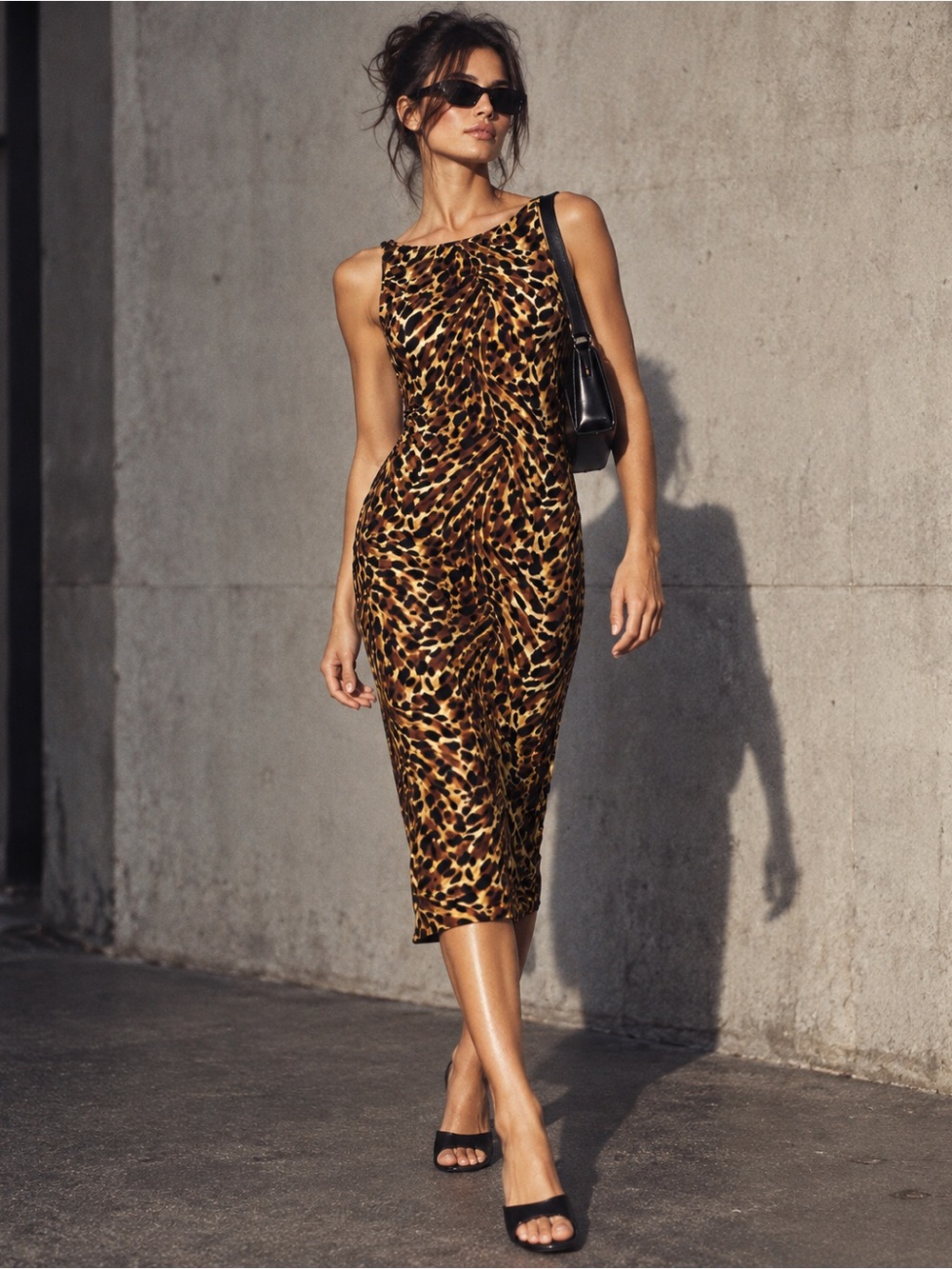Norma Kamali Painted Leopard Midi Dress M Stretch Jersey Animal Print Retro 90s